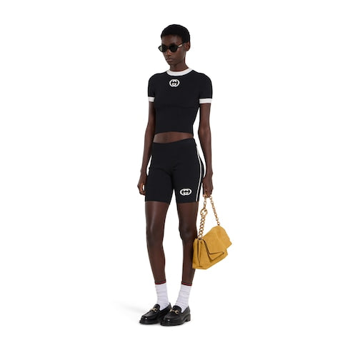 Ribbed T-shirt with intarsia - black