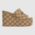 Women's wedge sandal with Horsebit - beige and dark brown GG canvas