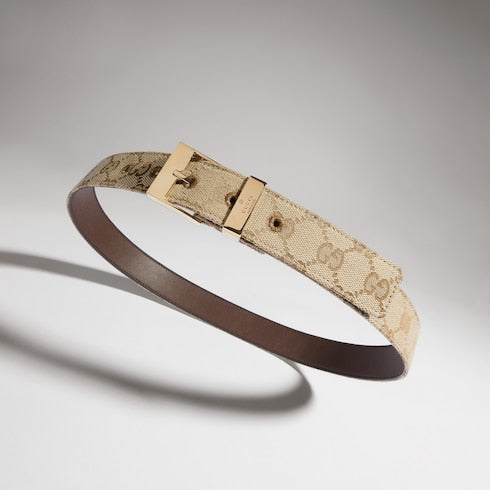 Belt with squared buckle - sand and brown GG canvas