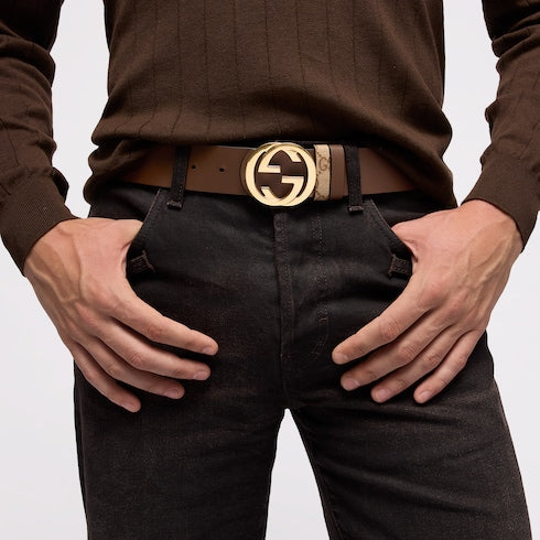 Reversible belt with Interlocking G buckle - sand GG canvas and leather