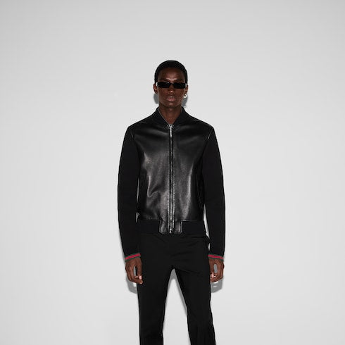Nappa leather and knit bomber jacket - black