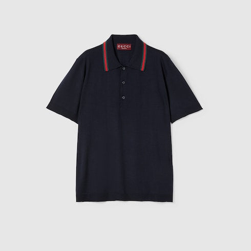 Wool knit polo shirt with Web - dark blue