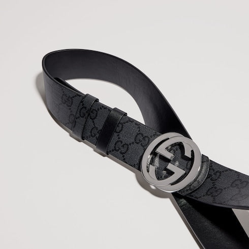 Reversible belt with Interlocking G buckle - black GG canvas and leather