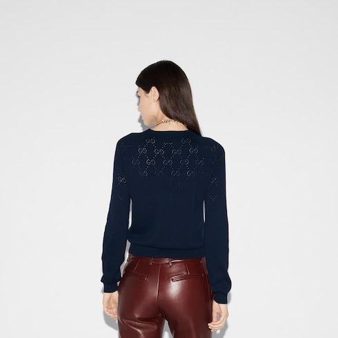 Cotton crewneck top with GG argyle - navy