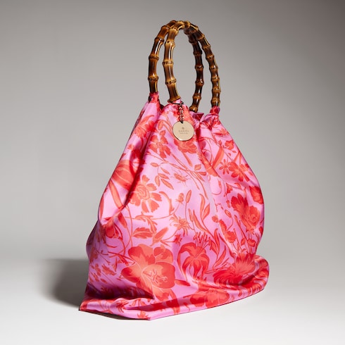 Silk maxi tote bag with bamboo handle - fuchsia and multicolor silk