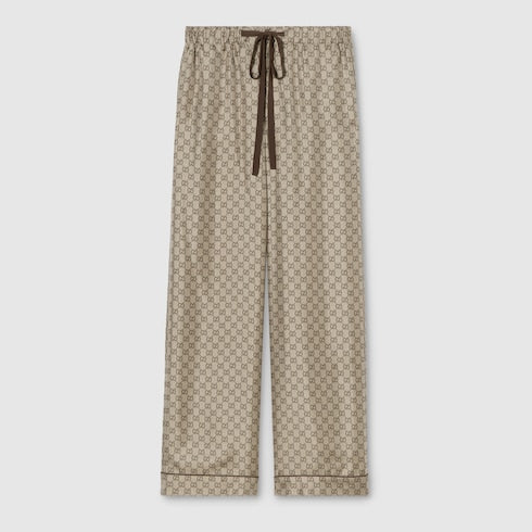 Printed silk twill leisure pants - beige and dark brown