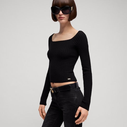 Soft rib wool cashmere top with tag - black
