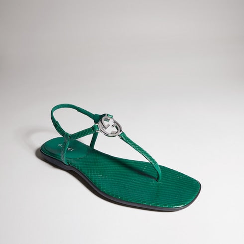 Women's python thong sandal with Interlocking G - green