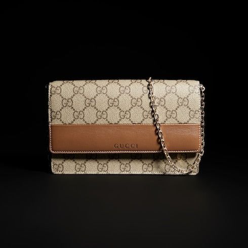 GG Emblem wallet on chain - brown leather