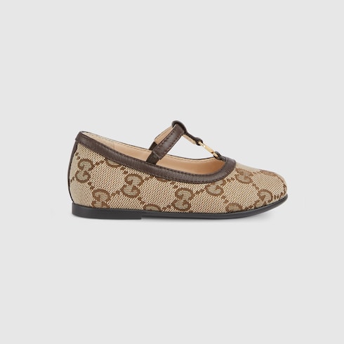 Toddler Double G ballet flat - beige and ebony GG canvas