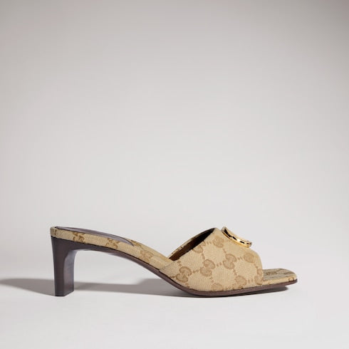 Women's slide sandal with Double G - sand and brown GG canvas