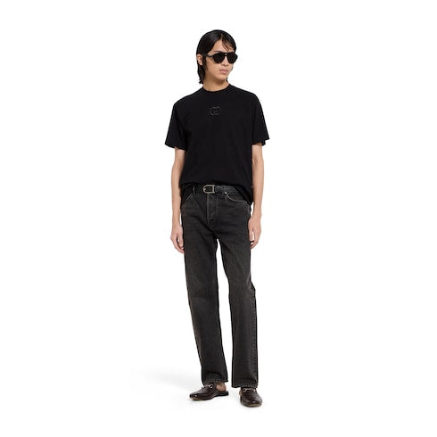 Reversible belt with rounded buckle - black GG leather and leather