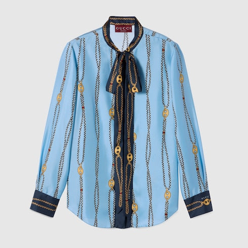 Printed silk twill shirt - light blue