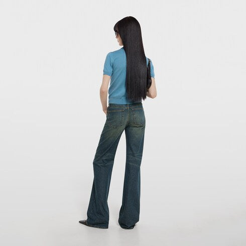 Knit wool polo shirt with embroidery - light blue
