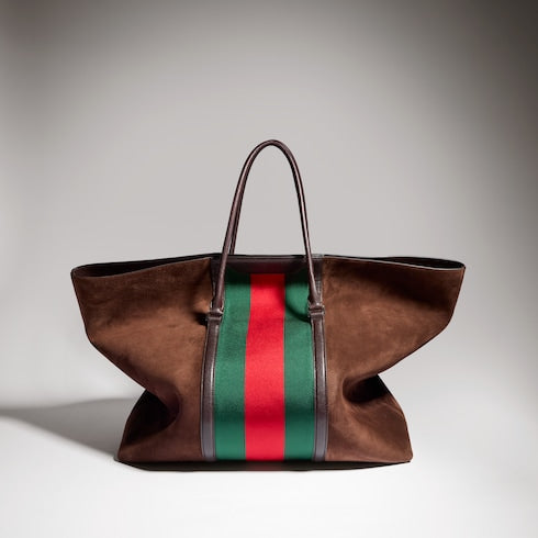 Medium duffle bag with Web - brown suede