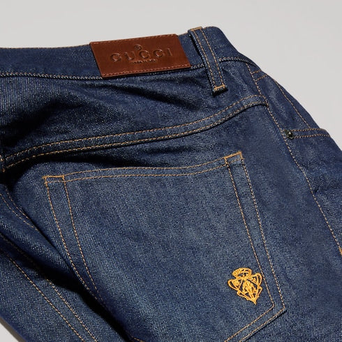 Cotton denim pants with embroidery - blue