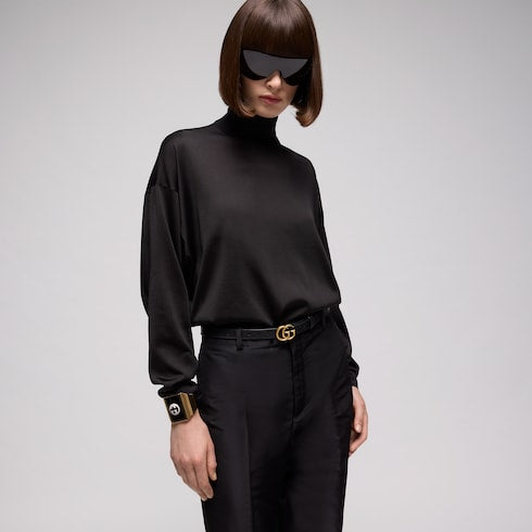 Women's Slim Black Leather Belt With GG Buckle - Women's Slim Black Leather Belt With