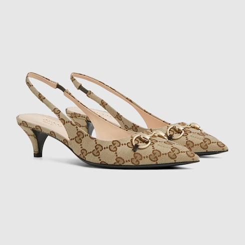 Women's slingback pump with Horsebit - beige and ebony canvas