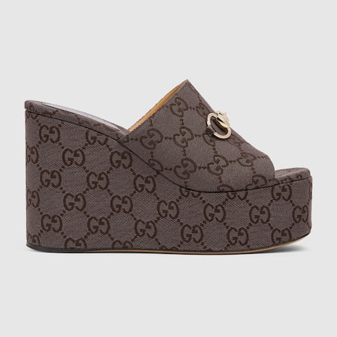 Women's wedge sandal with Horsebit - dark brown GG canvas