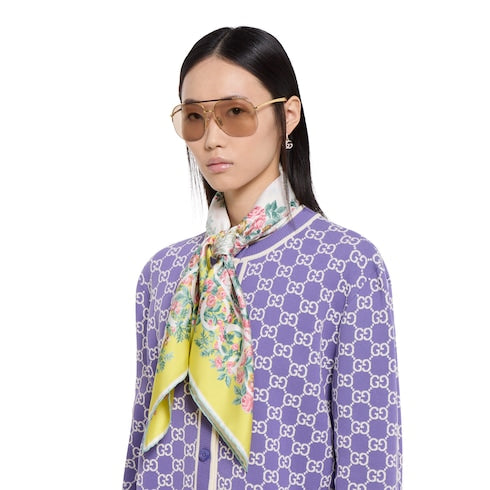 Printed silk twill carré - aquamarine and yellow