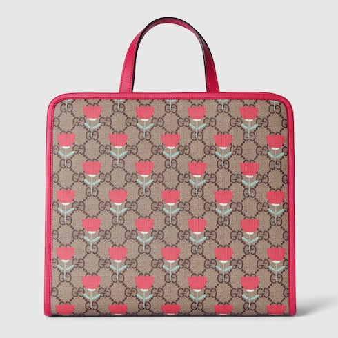 Children's flower print tote bag - beige and dark brown