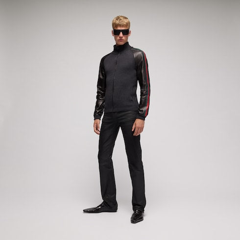 Fine rib wool zip jacket with Web - black