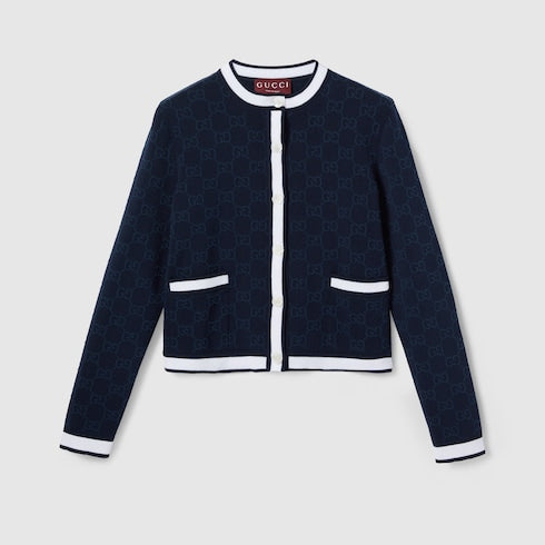 GG fine cotton jacquard cardigan - navy and white