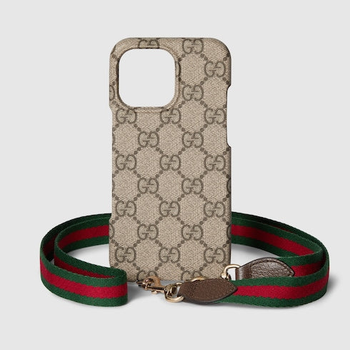Ophidia lanyard iPhone 16 Pro Max holder - beige and brown GG Supreme