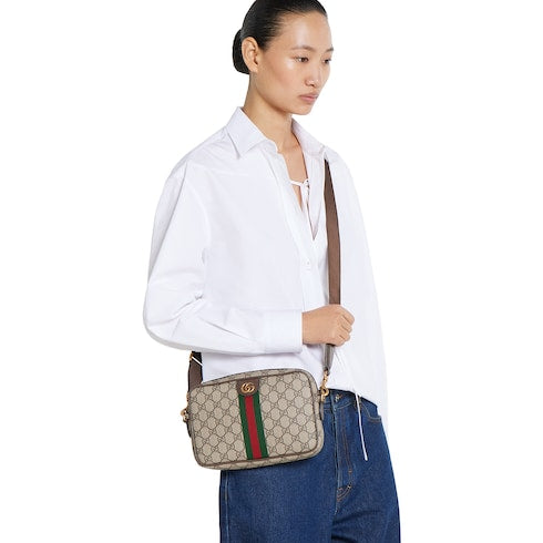 Ophidia small crossbody bag - beige and dark brown fabric