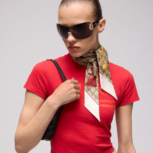 Printed silk twill ribbon - beige and ebony GG
