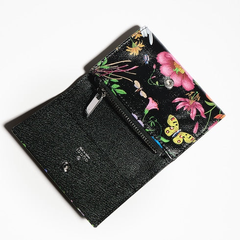 Flora-motif bi-fold card case - black and multicolor canvas