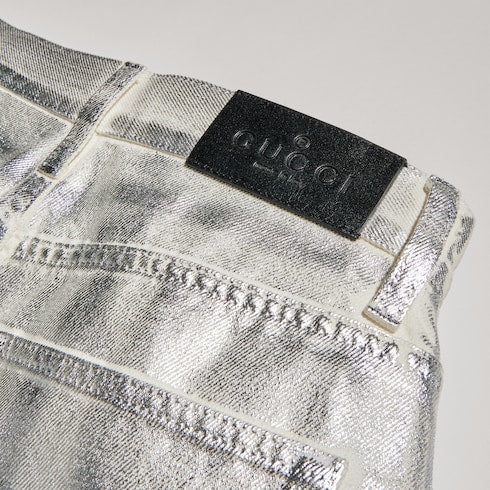 Straight denim pants with soft coating - white and silver