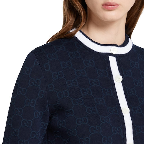 GG fine cotton jacquard cardigan - navy and white