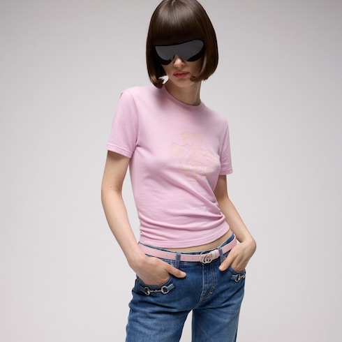 Reversible GG Marmont thin belt - pink and ivory GG canvas
