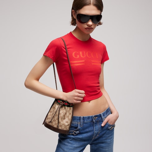 Mini bucket bag with Web - sand and brown GG canvas