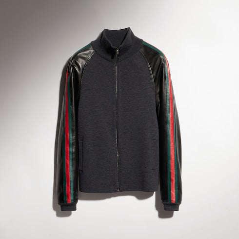 Fine rib wool zip jacket with Web - black