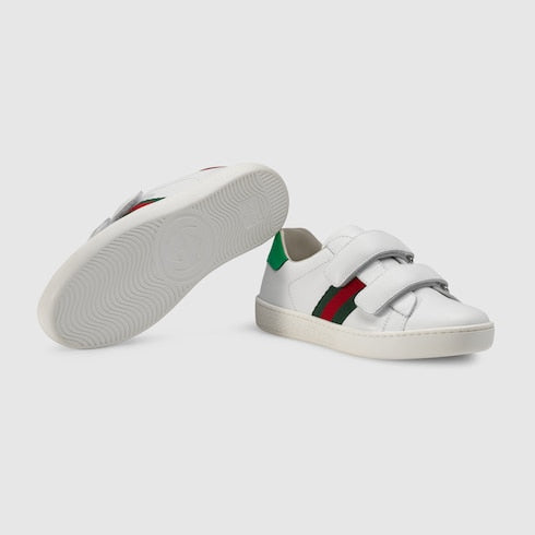 Children's Ace Sneaker White Leather Velcro With Green & Red Web