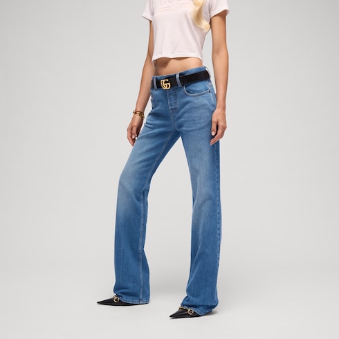Flared stretch cotton denim pants - blue