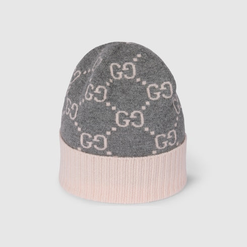 GG cashmere jacquard hat - grey and pink