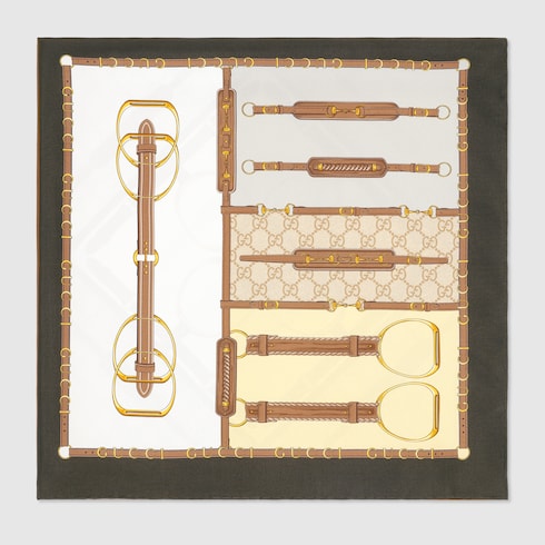 Printed silk twill carré - dark brown and beige