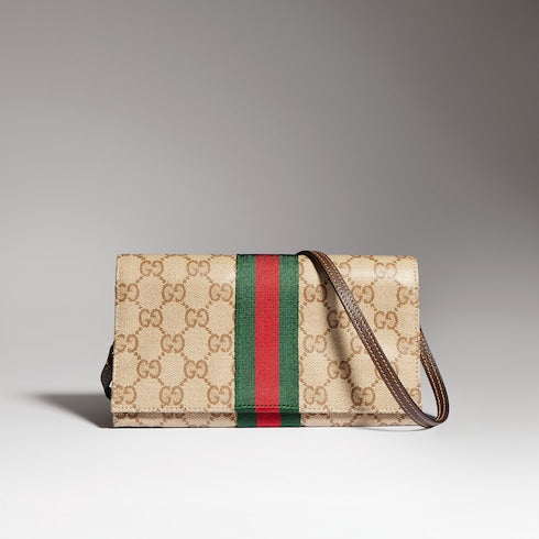 Small pouch with strap and Web - sand and brown GG canvas