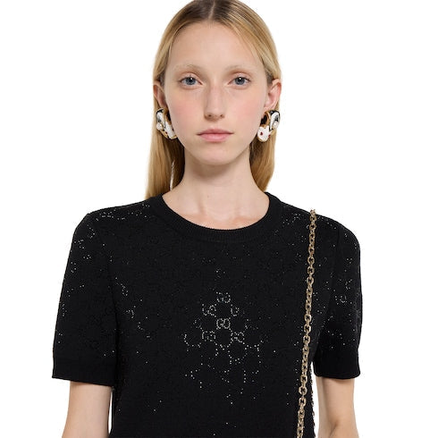 Fine wool dress with GG crystals - black