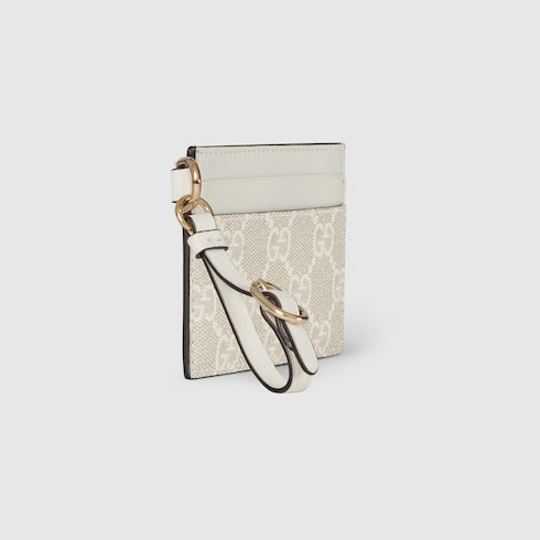 GG Emblem card case with strap - beige and white fabric