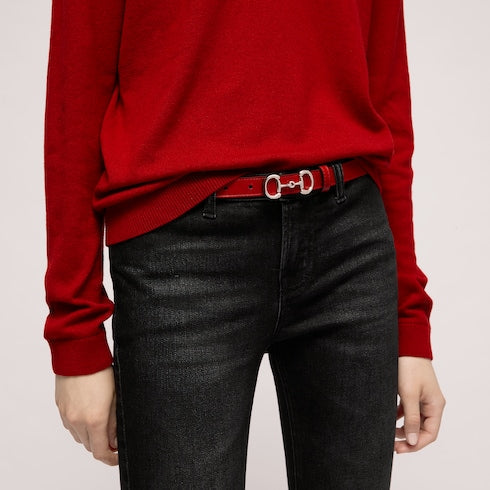Thin belt with Horsebit buckle - red leather