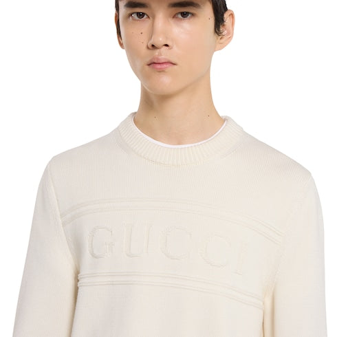 Knit cotton wool sweater with intarsia - white