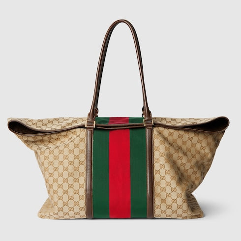 Medium GG duffle bag with Web - sand and brown GG canvas