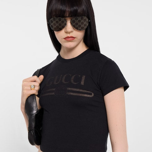 Cotton jersey T-shirt with devoré detail - black