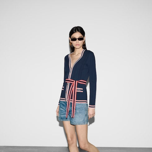 Self-tie cardigan with striped trim - dark blue