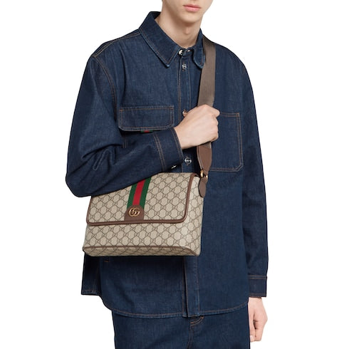 Ophidia medium messenger bag - beige and dark brown fabric