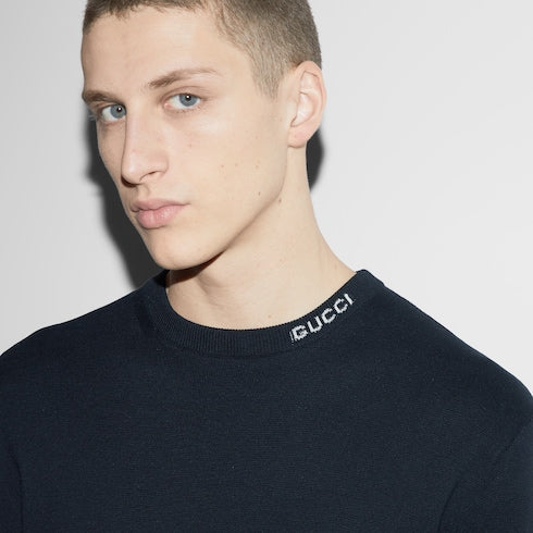 Silk cotton T-shirt with Gucci intarsia - navy